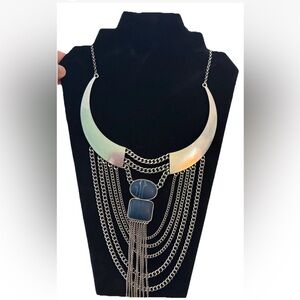 Silver Tone Crescent Collar Statement Necklace Blue Cabochon Fringe 14” Drop